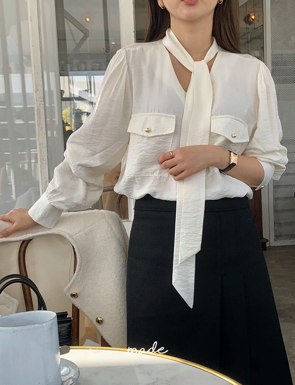 [당일출고]골드버튼 타이 블라우스 - made blouse